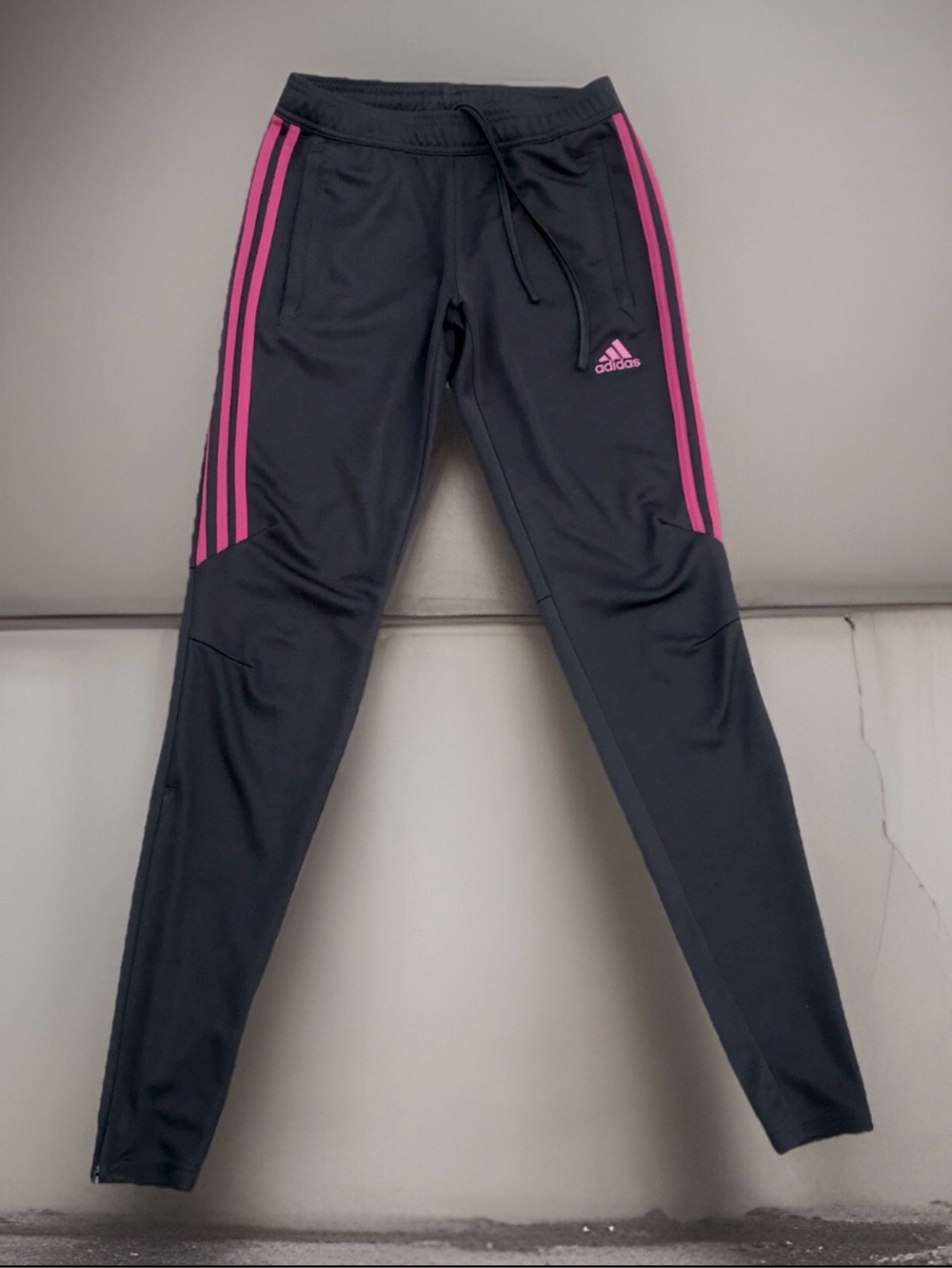 Women’s Adidas Soccer Track Pants XS Black Pink Striped Zip Ankle Joggers EUC